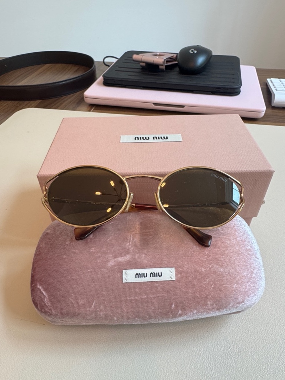 Miu Miu Gold Frame Sunglasses with Brown Lenses and Pink Case